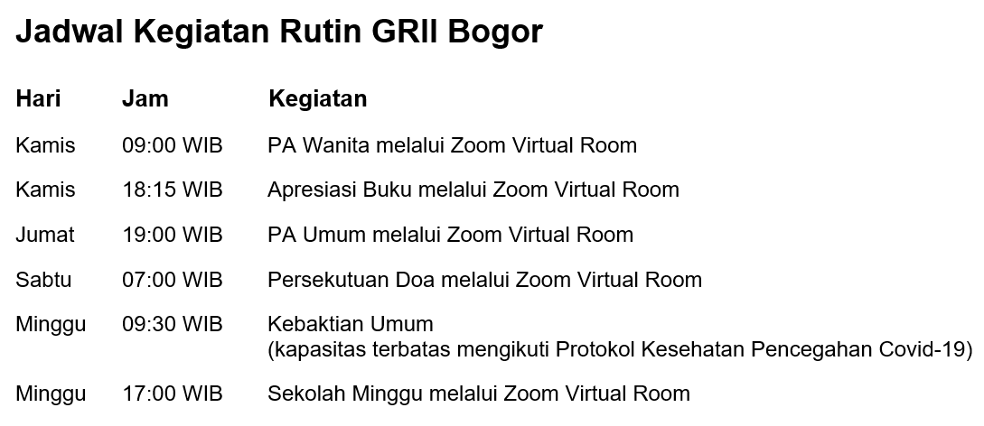Jadwal Rutin GRII Bogor